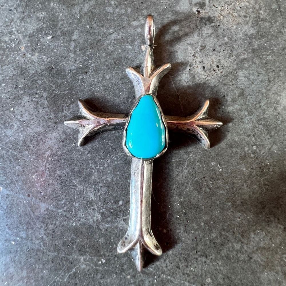 Sand-Casted Sterling Silver and Turquoise Cross Pendant